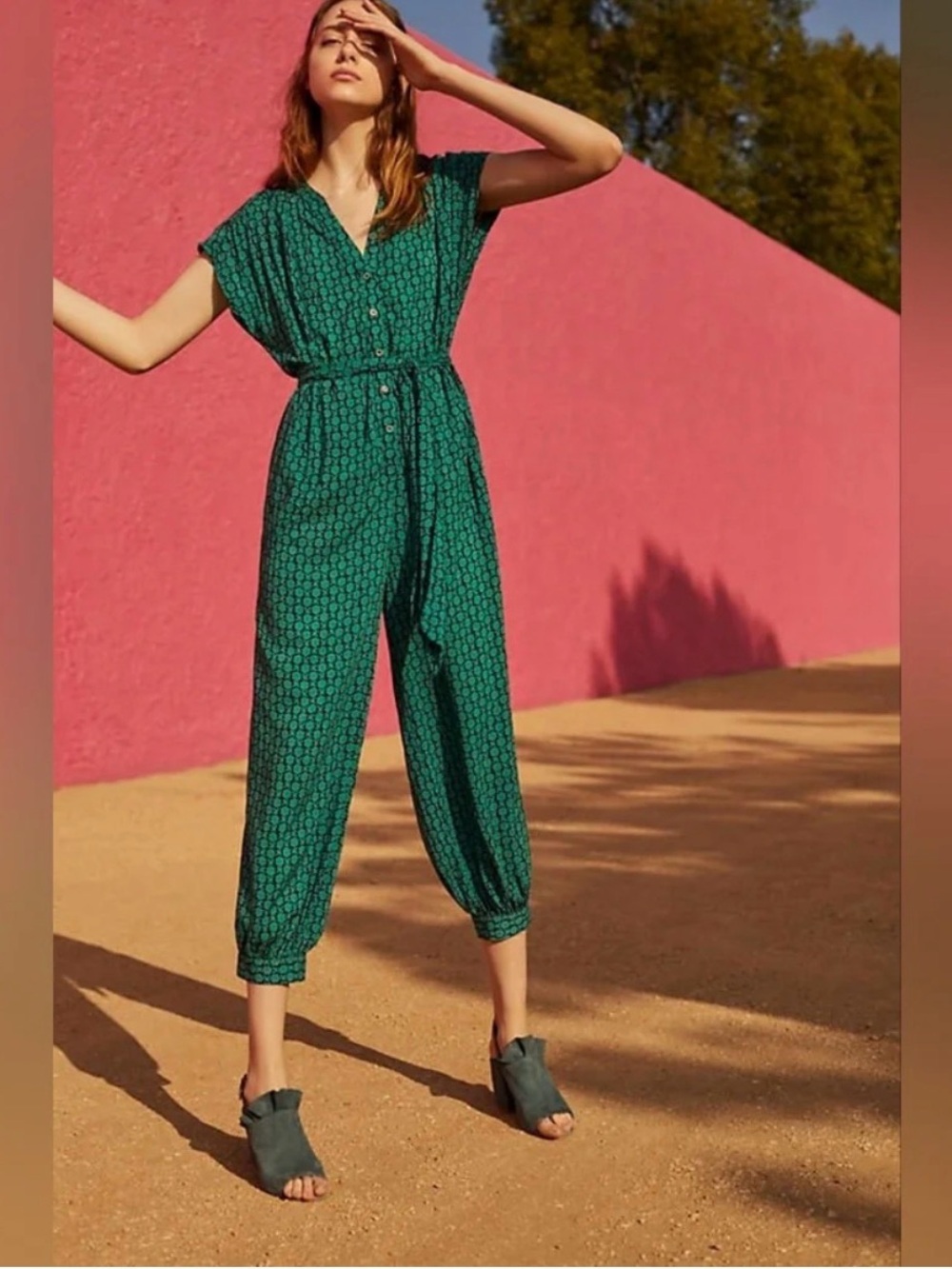 Maeve Geoscope Printed Cap-Sleeve Jumpsuit with Tie Waist